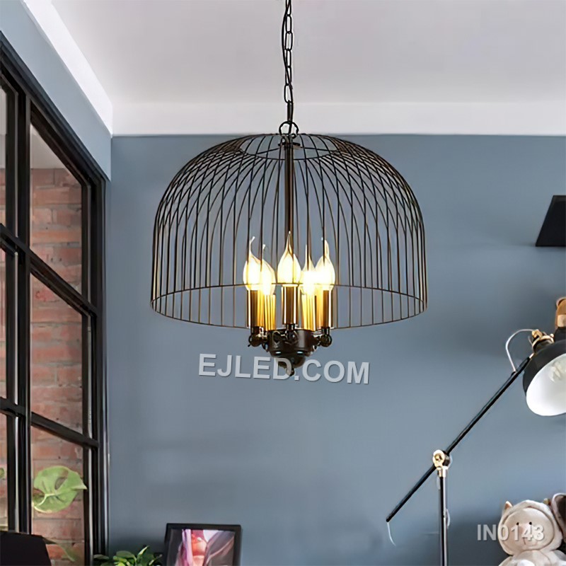 World Market BirdCage Black Pendant Lights Metal Wire Cage Lampshade with 5 Lights Industrial Lighting for Foyer IN0143