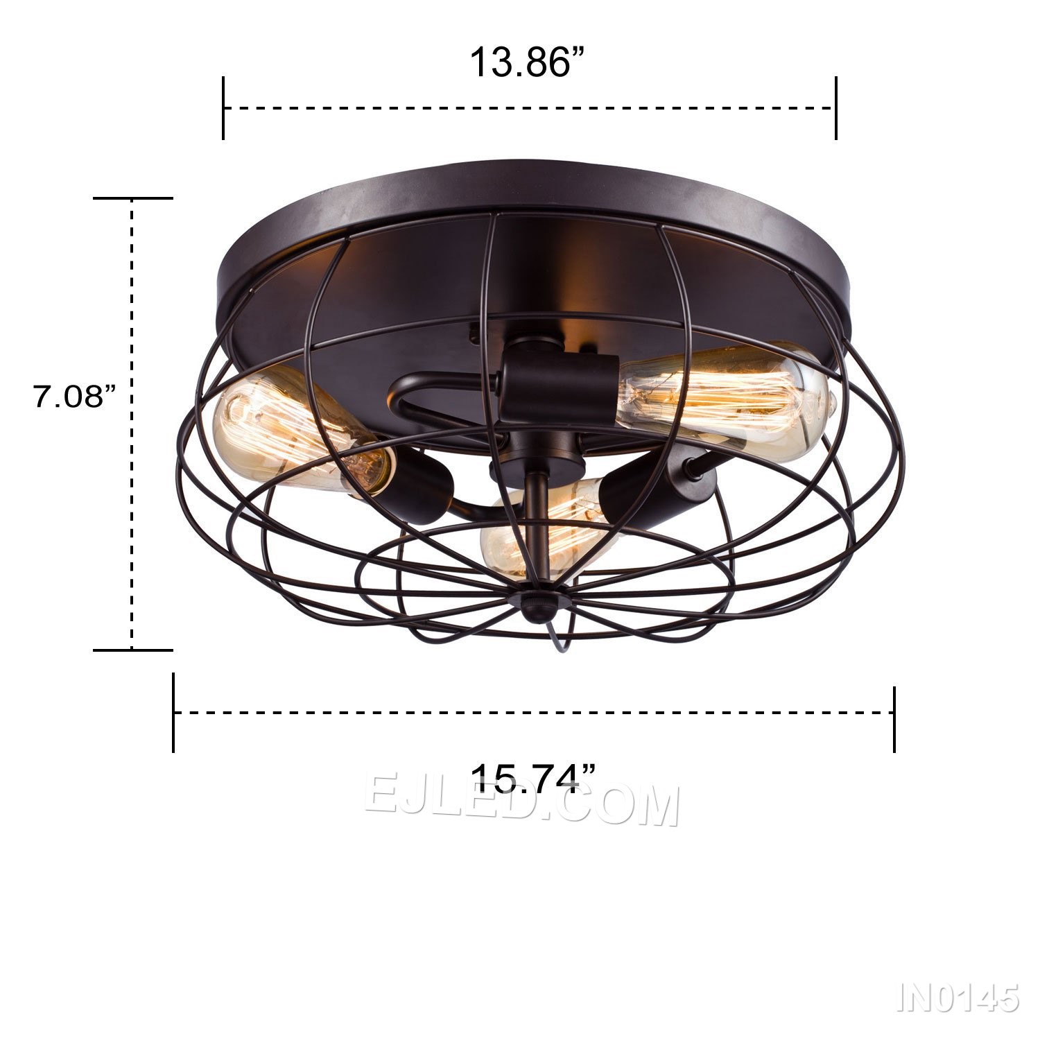 Iron craftsmanship shapes the IN0145, a semi-flush pendant light with a round, open-cage drum shade in matte black. Five exposed lamps within the frame allow for decorative bulb choices, creating a warm, ambient light that casts subtle patterns.