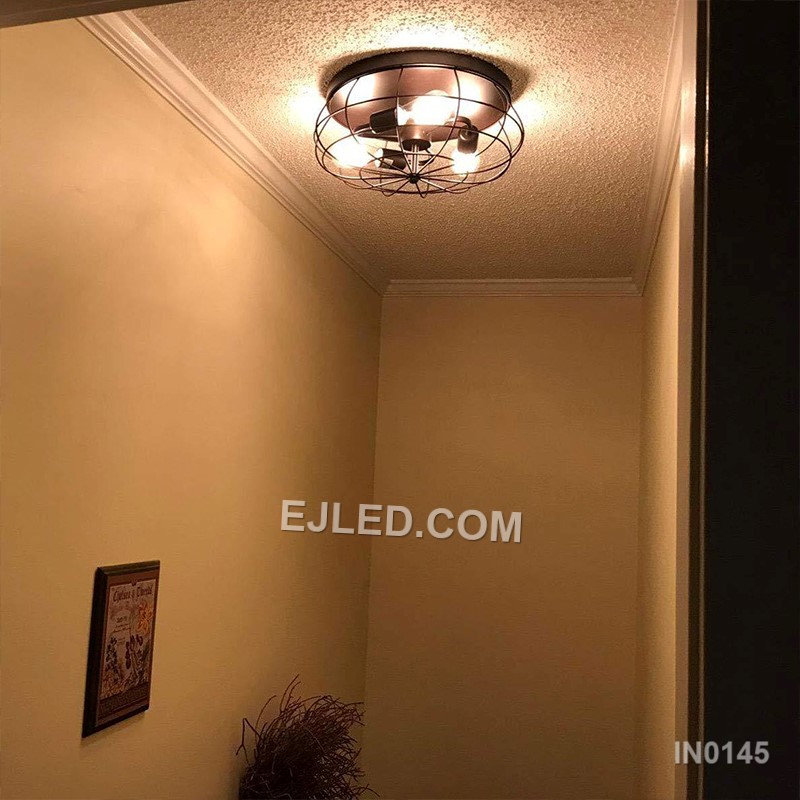 Rustic Semi Flush Ceiling Lights Metal Drum Ceiling Ligh 5-Light Industrial Metal Cage Shade Matte Black Finish for Foyer IN0145