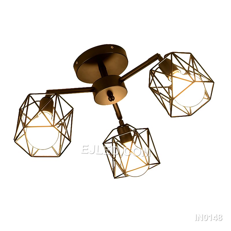 Three iron pendants form the clustered IN0148 fixture, each featuring an open conical wire cage in a black finish. Suspended at varying heights, they offer broad illumination and a distinct silhouette suitable for focused task lighting or ambient glow. - view 2