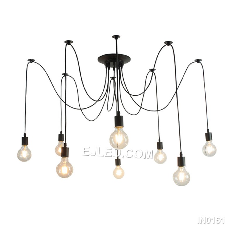 This eight-arm "spider" pendant, model IN0151, offers adjustable reach for expansive rooms or high ceilings, distributing light broadly from exposed lamps at varying heights and angles.
