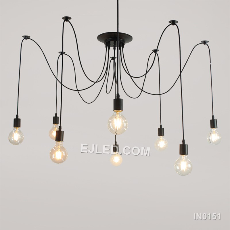 This eight-arm "spider" pendant, model IN0151, offers adjustable reach for expansive rooms or high ceilings, distributing light broadly from exposed lamps at varying heights and angles. - view 2