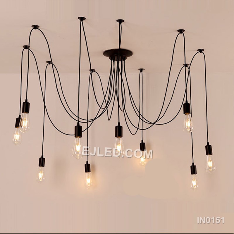 This eight-arm "spider" pendant, model IN0151, offers adjustable reach for expansive rooms or high ceilings, distributing light broadly from exposed lamps at varying heights and angles. - view 4