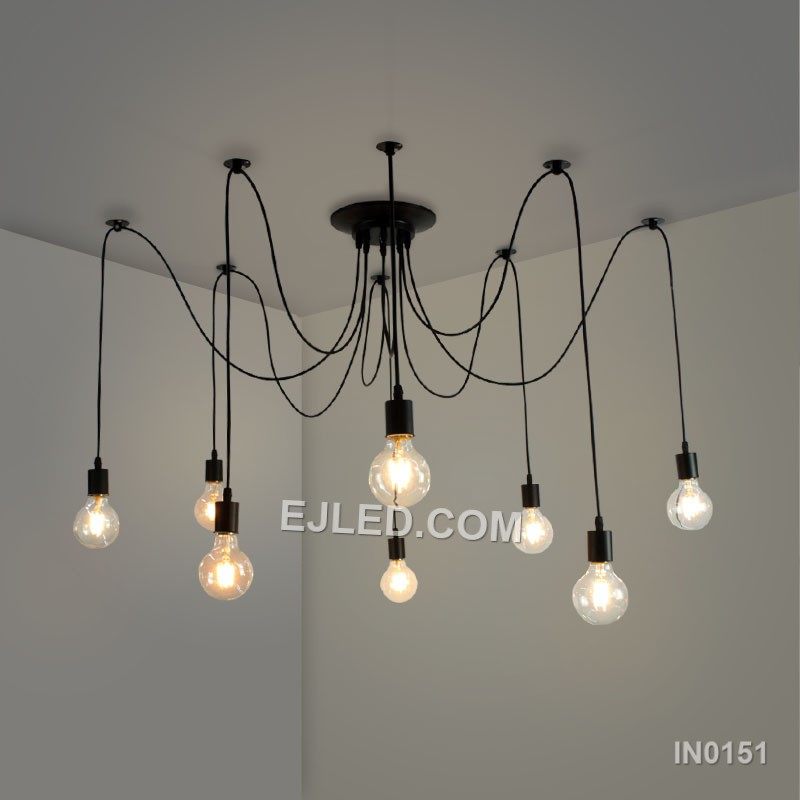 This eight-arm "spider" pendant, model IN0151, offers adjustable reach for expansive rooms or high ceilings, distributing light broadly from exposed lamps at varying heights and angles. - view 6