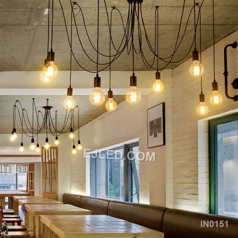 This eight-arm "spider" pendant, model IN0151, offers adjustable reach for expansive rooms or high ceilings, distributing light broadly from exposed lamps at varying heights and angles. - view 7