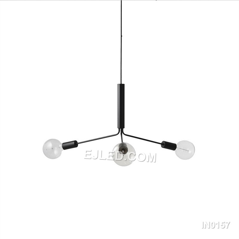 A three-arm pendant light, the IN0157 features exposed E27 lampholders at the end of steel rods, offering an open light source. Its asymmetrical design creates visual interest for various interior settings.