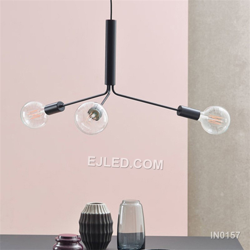 A three-arm pendant light, the IN0157 features exposed E27 lampholders at the end of steel rods, offering an open light source. Its asymmetrical design creates visual interest for various interior settings. - view 3