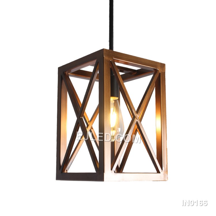 An iron cube cage pendant, the IN0166 features an open frame finished in gold, housing a single E27 lampholder. This design allows for direct, unimpeded light, ideal for showcasing a decorative bulb.