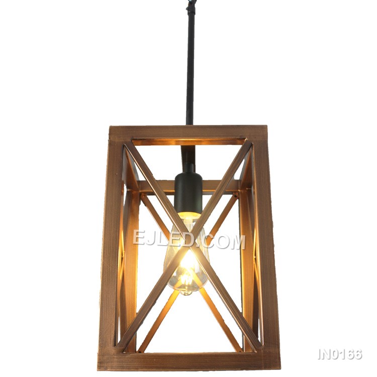 An iron cube cage pendant, the IN0166 features an open frame finished in gold, housing a single E27 lampholder. This design allows for direct, unimpeded light, ideal for showcasing a decorative bulb. - view 2