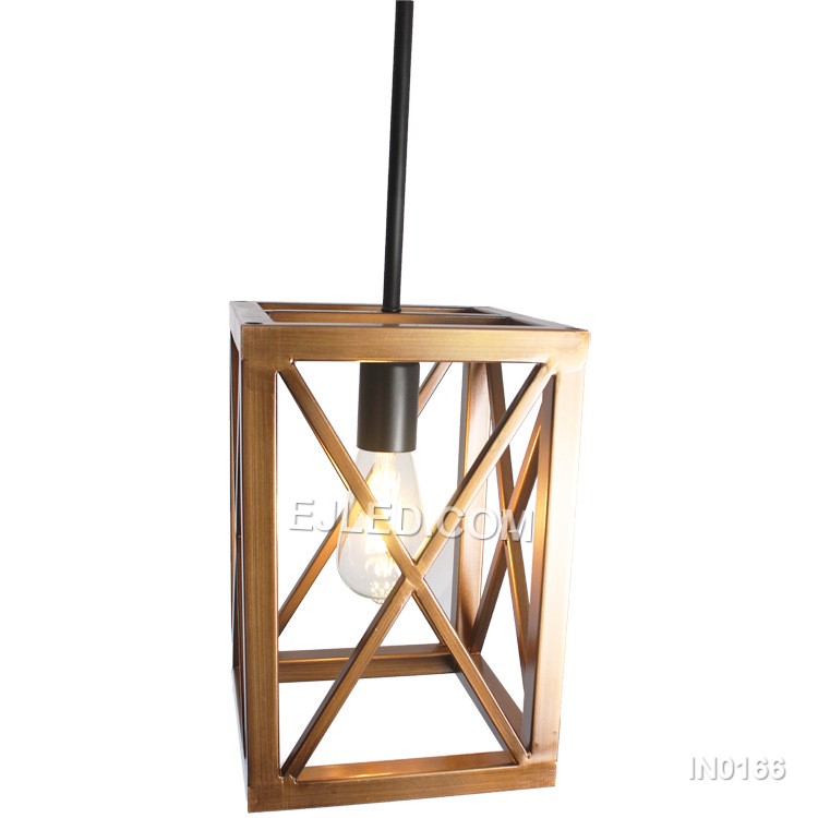 An iron cube cage pendant, the IN0166 features an open frame finished in gold, housing a single E27 lampholder. This design allows for direct, unimpeded light, ideal for showcasing a decorative bulb. - view 3