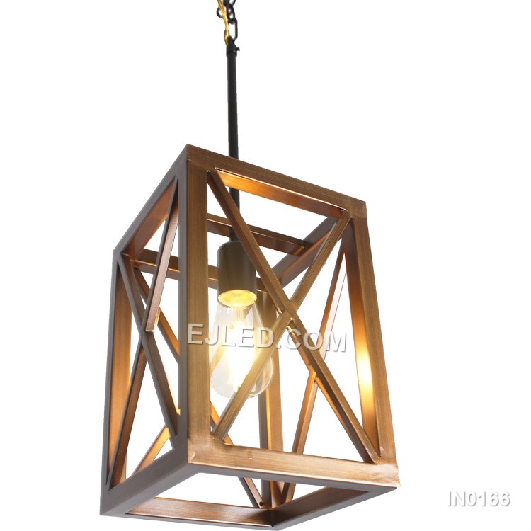 An iron cube cage pendant, the IN0166 features an open frame finished in gold, housing a single E27 lampholder. This design allows for direct, unimpeded light, ideal for showcasing a decorative bulb. - view 4