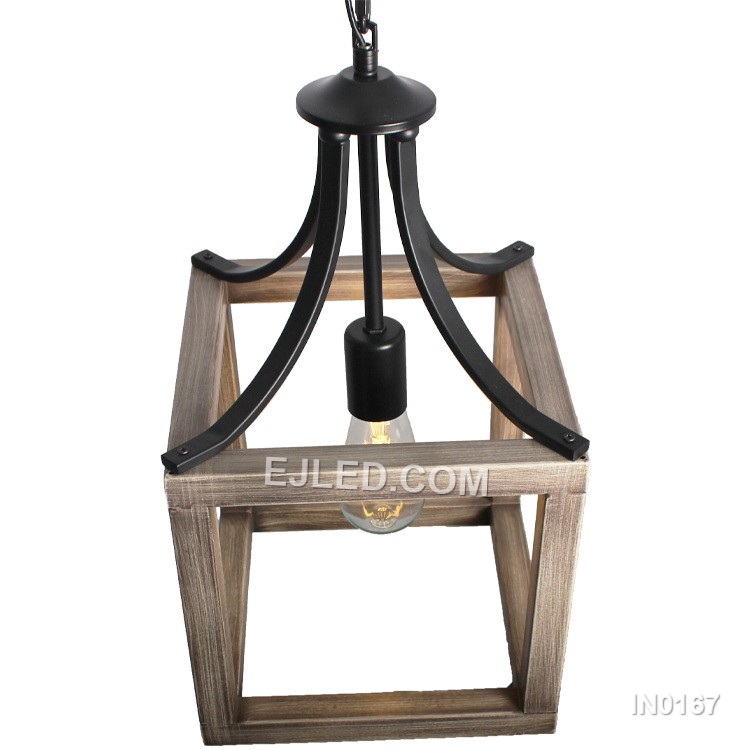 Black Pendant Light Chandelier Metal Hanging Light Fixture with Wooden Grain Finish Vintage Retro for Home Decor IN0167
