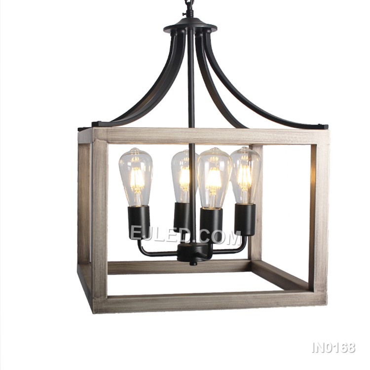 A substantial, inverted dome pendant, IN0168 offers broad illumination from four exposed lamps. The black iron body is accented with a wood grain detail.