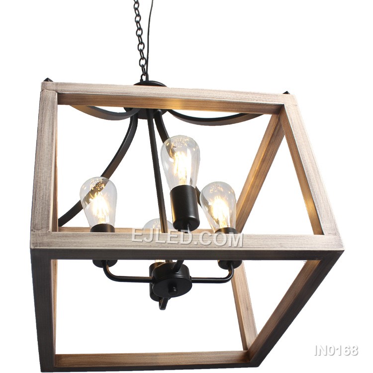 A substantial, inverted dome pendant, IN0168 offers broad illumination from four exposed lamps. The black iron body is accented with a wood grain detail. - view 2