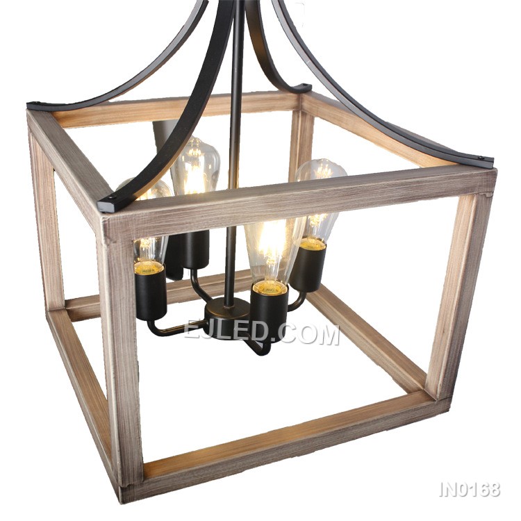 A substantial, inverted dome pendant, IN0168 offers broad illumination from four exposed lamps. The black iron body is accented with a wood grain detail. - view 3