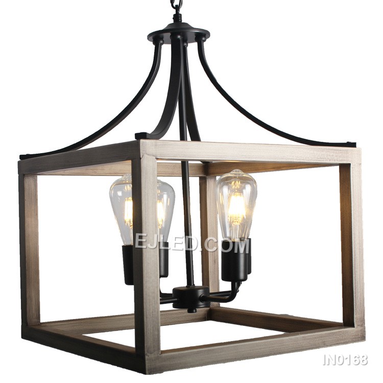 A substantial, inverted dome pendant, IN0168 offers broad illumination from four exposed lamps. The black iron body is accented with a wood grain detail. - view 4