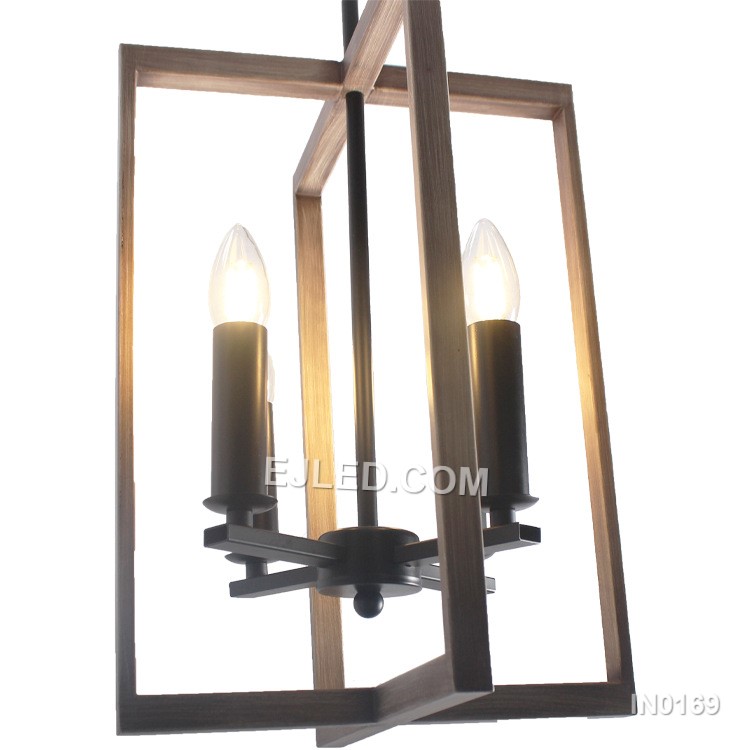 The IN0169 is a linear pendant light featuring two round, open cage shades. Each shade combines black iron with internal wood grain accents and houses two lamps, creating a four-lamp fixture suitable for kitchen islands or dining areas. - view 2