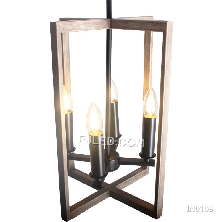 Metal Hanging Light Fixture with Wooden Grain Finish Two Rectangle shade 4 Lights Black Lighting for Living Room IN0169