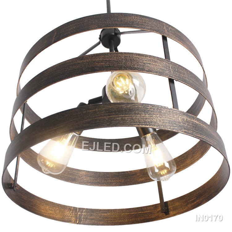 This cluster pendant, model IN0170, offers focused downward illumination. Three black dome shades, each with a contrasting interior, are suspended at varying heights, directing light without significant glare when paired with appropriate bulbs. - view 5