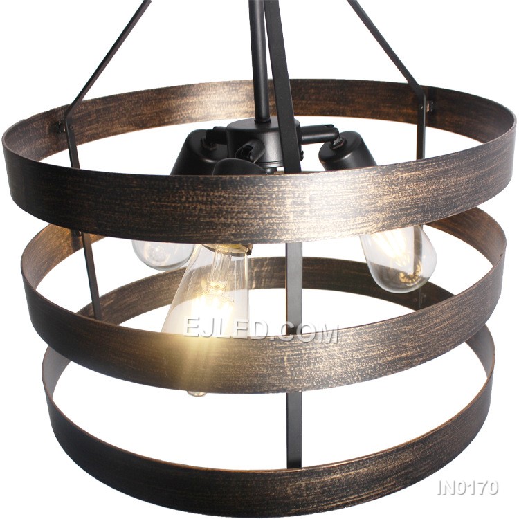 This cluster pendant, model IN0170, offers focused downward illumination. Three black dome shades, each with a contrasting interior, are suspended at varying heights, directing light without significant glare when paired with appropriate bulbs. - view 6