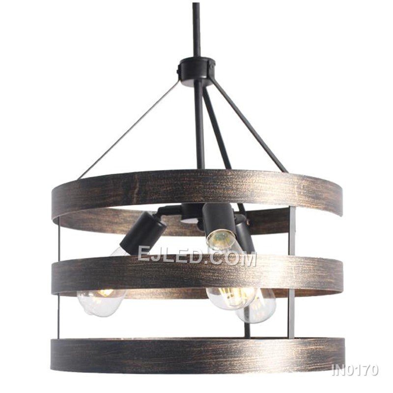Wood Finish Circle Pendant Light Chandelier Vintage Retro Style with 3 Lights Modern House Light for Hallway IN0170