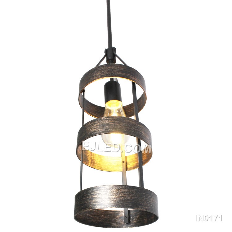 Iron construction defines the IN0171, an open square cage pendant. Its black finish is complemented by interior wood grain accents on specific panels, providing a warm visual contrast. This single-lamp fixture offers widespread ambient light. - view 2