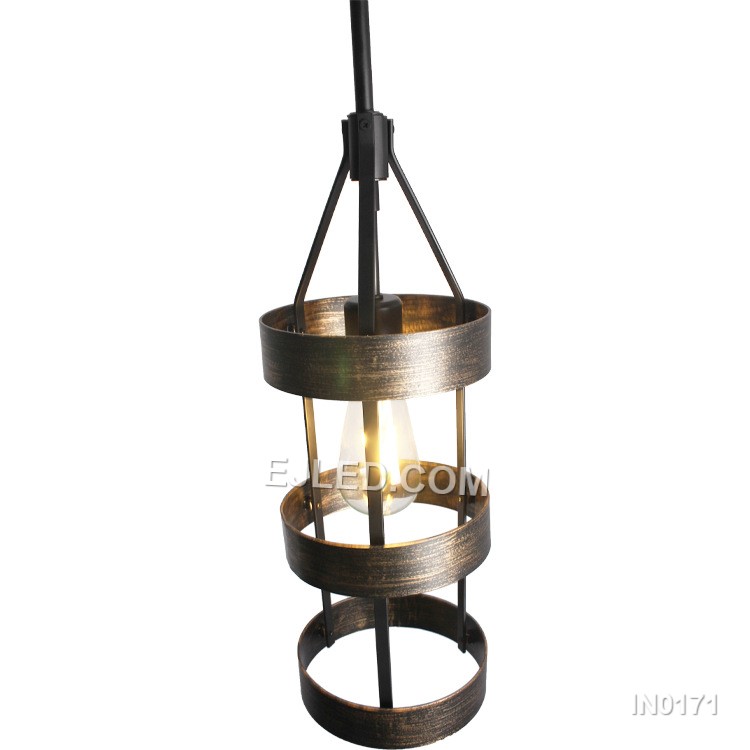 Iron construction defines the IN0171, an open square cage pendant. Its black finish is complemented by interior wood grain accents on specific panels, providing a warm visual contrast. This single-lamp fixture offers widespread ambient light. - view 3