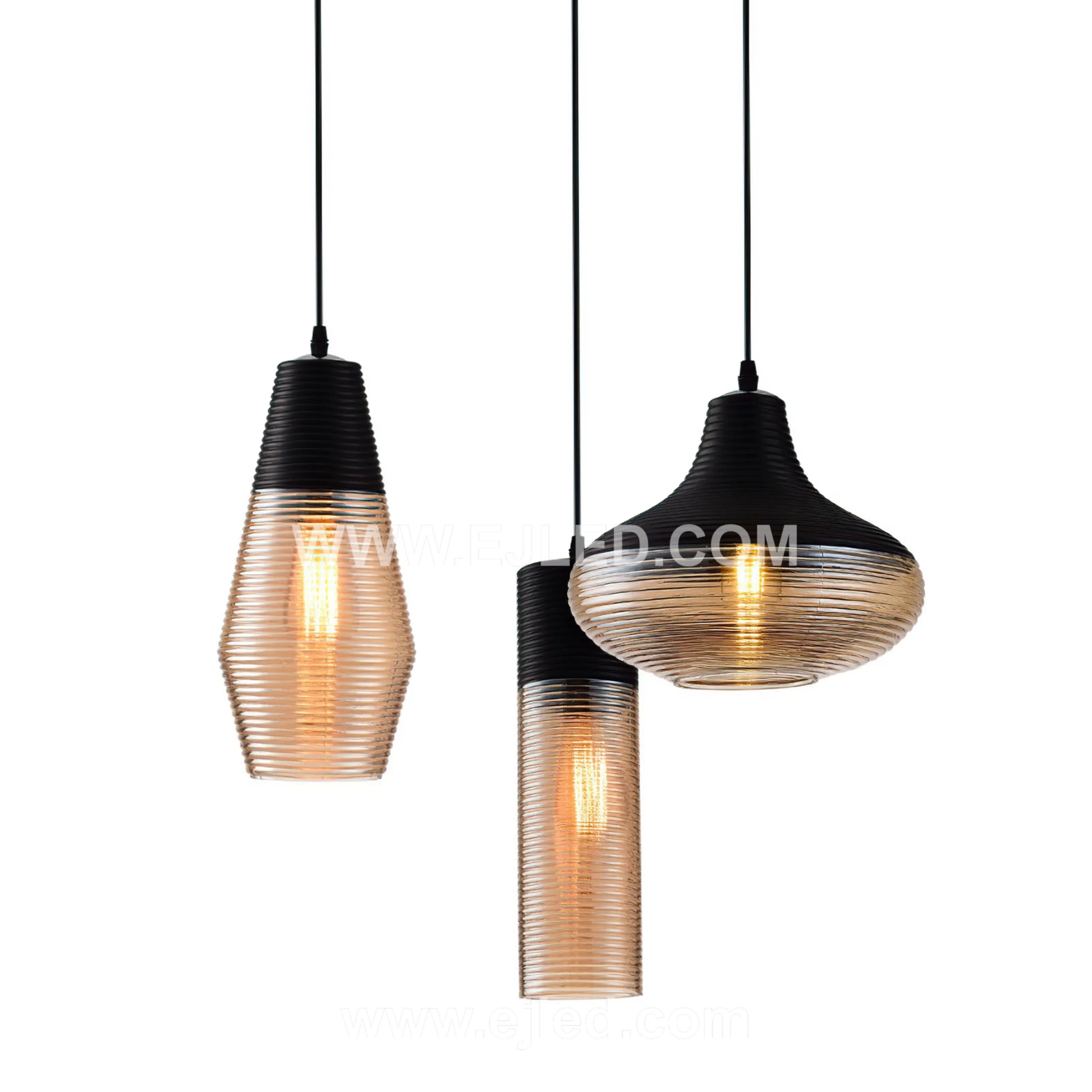 A single glass pendant light, model GL0009, illuminates spaces with a downwards glow, ideal for task lighting over kitchen islands or as accent lighting in hotel lobbies. Its cylindrical shade is crafted from black glass with a subtle golden inner hue. - view 4