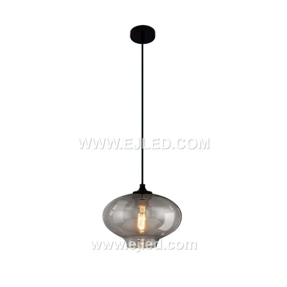 This dome-shaped glass pendant light, model GL0017, features a smoked grey finish that transitions from opaque at the top to clear at the bottom. This design effectively directs light downwards, reducing glare while highlighting the bulb within. - view 3