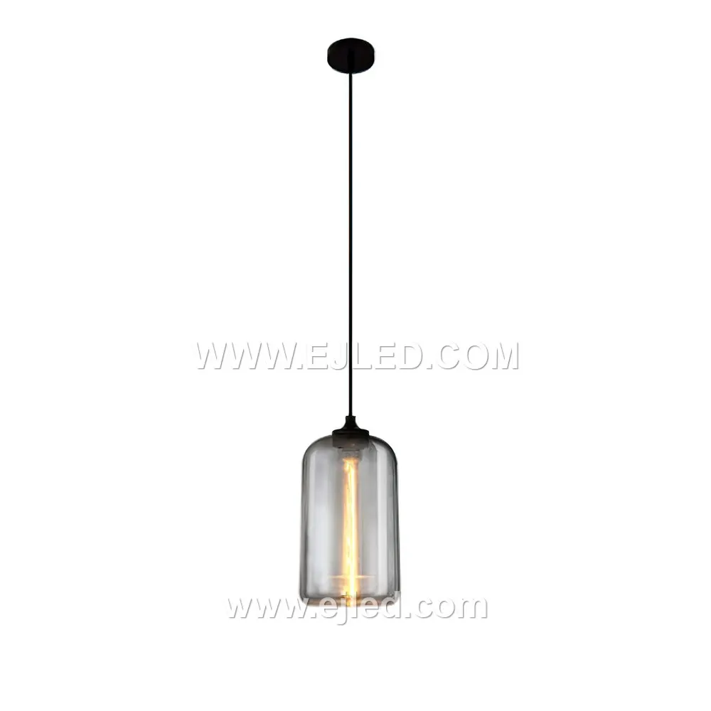 This dome-shaped glass pendant light, model GL0017, features a smoked grey finish that transitions from opaque at the top to clear at the bottom. This design effectively directs light downwards, reducing glare while highlighting the bulb within. - view 4