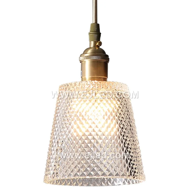 Model GL0101 is a single-lamp glass pendant light designed with a clear, vertically ribbed shade. The transparent, textured glass directs light downwards while adding visual interest. - view 4