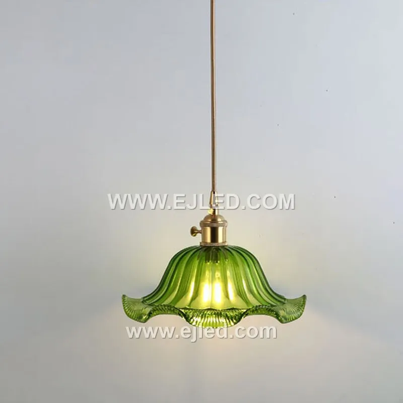 This single-lamp glass pendant light, model GL0119, features a distinctive green, vertically striped shade. The colored, textured glass creates a unique ambiance and directs light effectively. - view 5