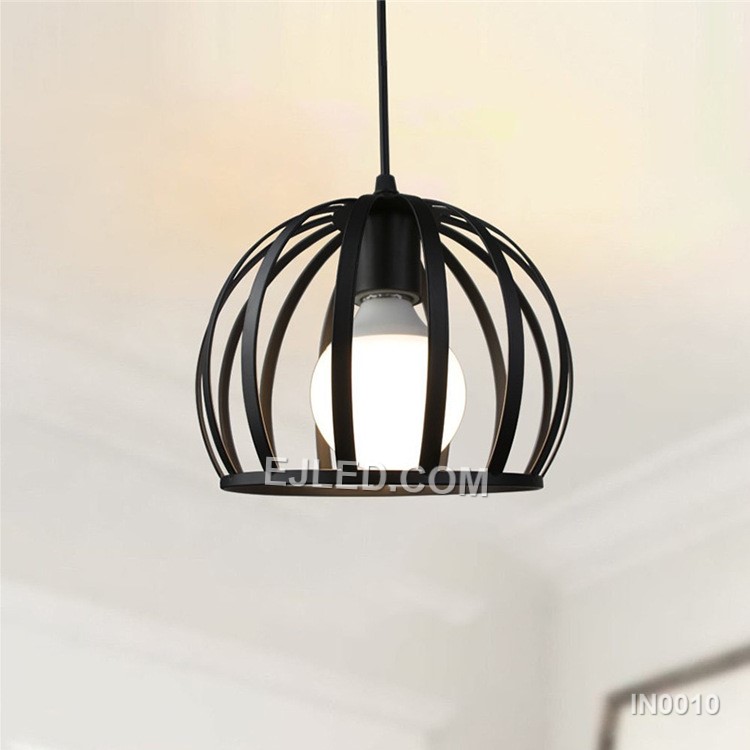 This IN0010 iron pendant light features a solid, semi-circular dome shade with a matte black exterior and white interior, holding a single E27 lamp. It hangs by a black cable. - view 2