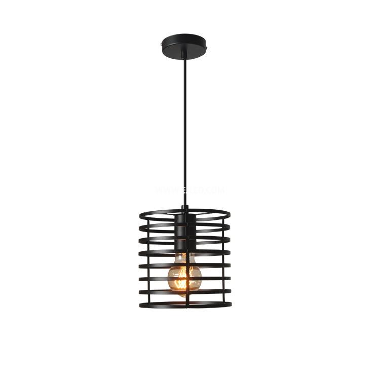 This cylindrical pendant light distinguishes itself with a unique spring coil design, crafted from black-finished iron. Its single, exposed lamp holder provides direct illumination while making the bulb a visual feature.