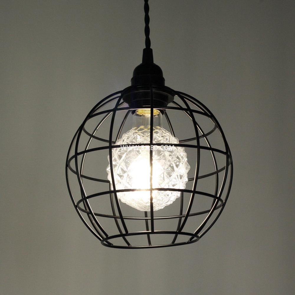 This IN0009 iron pendant light features a distinctive open spherical cage, constructed from black iron rods. It centrally houses a single E27 lamp holder, suspended by a black cable. - view 5