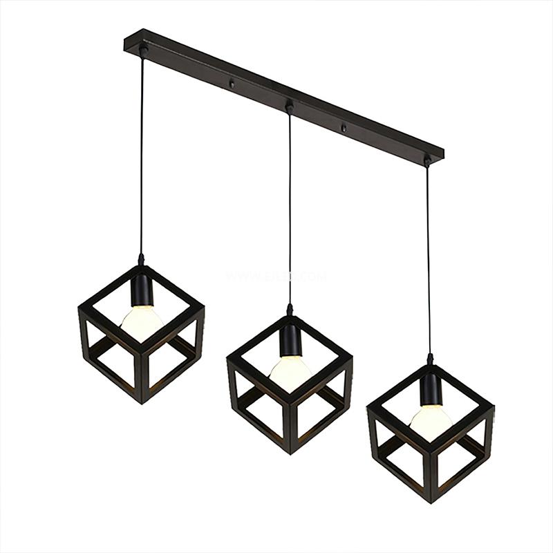 This IN0008 steel pendant light presents an open cube cage design, finished in matte black, with a single E27 lamp holder inside. It hangs from an adjustable black cable and round ceiling plate. - view 5