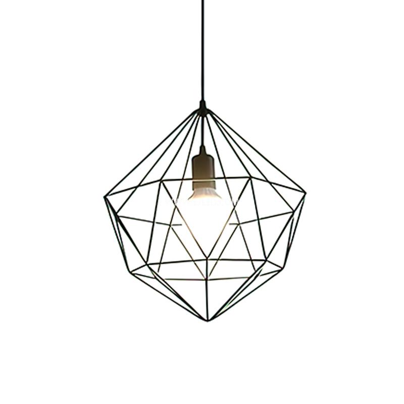 Model IN0004 is an open-cage iron pendant light, featuring a black powder-coated finish over its geometric polygon frame. This design ensures maximum light output from its single exposed lamp.