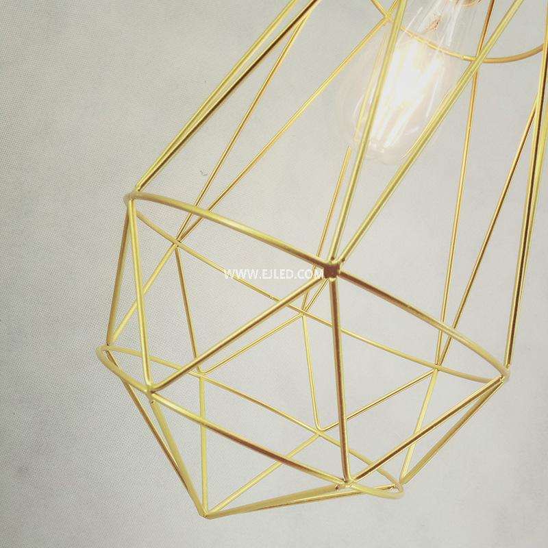 Crafted from iron, this IN0006 polygon pendant light forms an open cage structure with a matte black finish. It houses a single E27 lamp holder, suspended by a black cable and round ceiling plate. - view 3