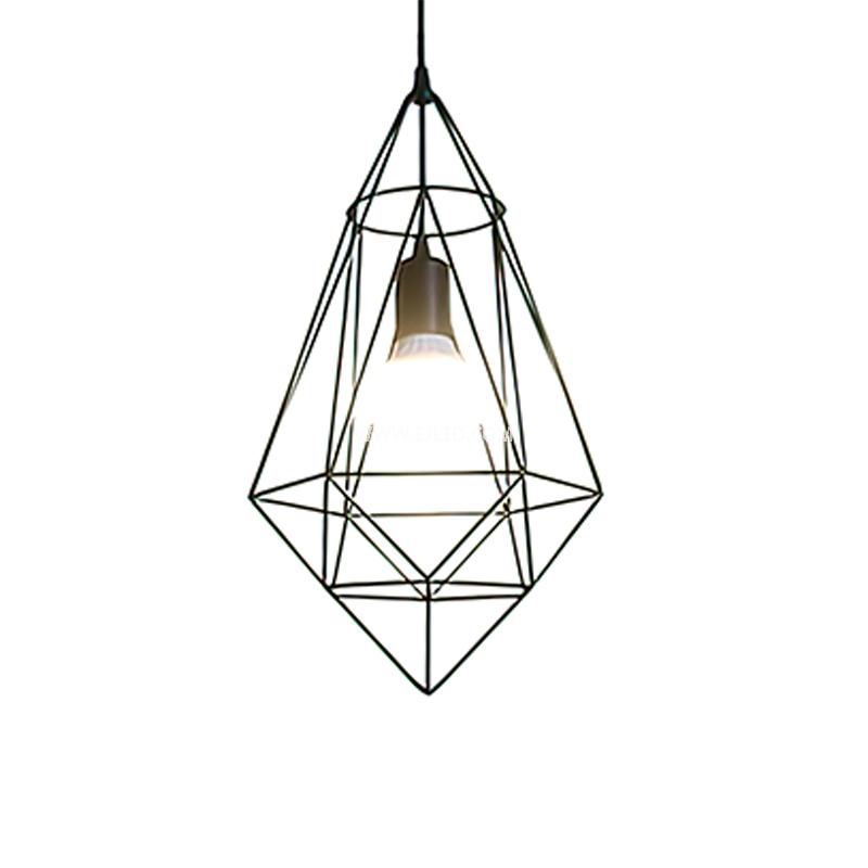 Crafted from iron, this IN0006 polygon pendant light forms an open cage structure with a matte black finish. It houses a single E27 lamp holder, suspended by a black cable and round ceiling plate.