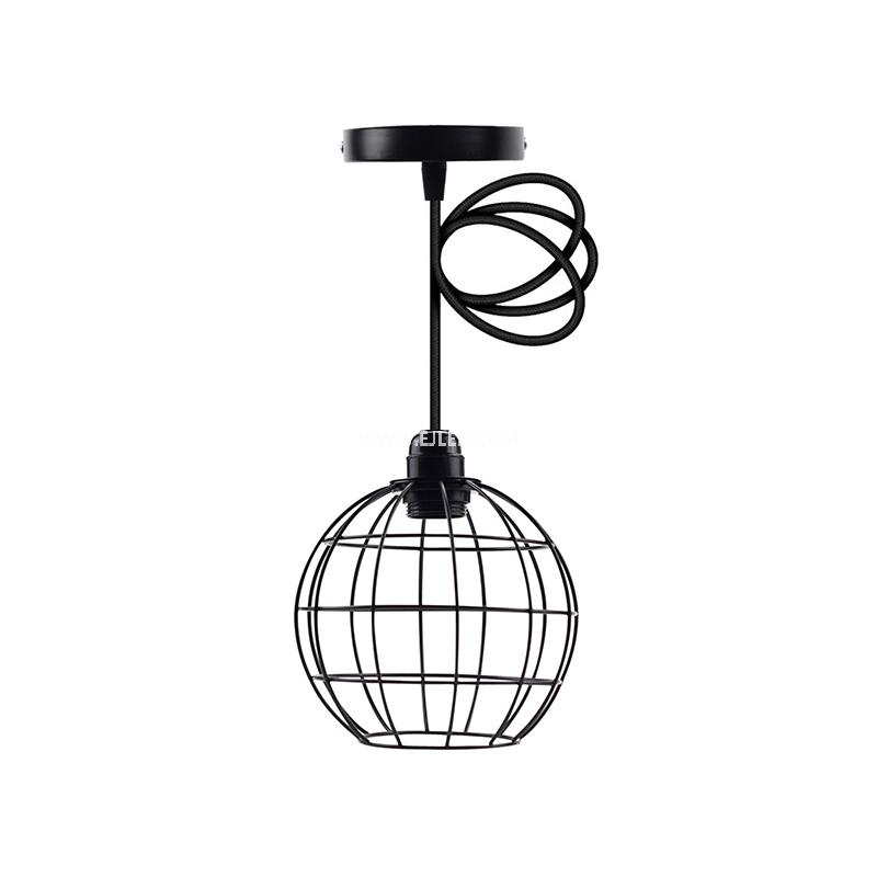 This IN0009 iron pendant light features a distinctive open spherical cage, constructed from black iron rods. It centrally houses a single E27 lamp holder, suspended by a black cable.
