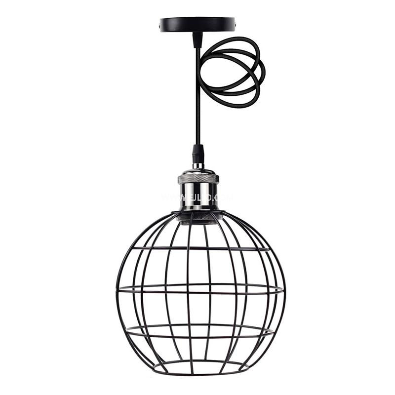 This IN0009 iron pendant light features a distinctive open spherical cage, constructed from black iron rods. It centrally houses a single E27 lamp holder, suspended by a black cable.