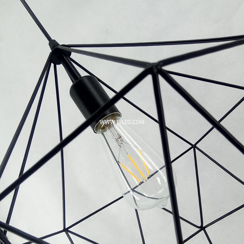 The IN0005 pendant light features an open geometric polygon wireframe, meticulously formed from matte black iron rods. It encloses a single E27 lamp holder, suspended by a black cable from a round ceiling plate. - view 5