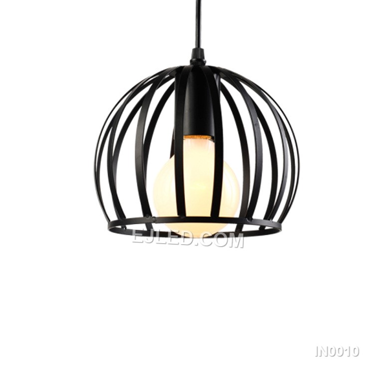 This IN0010 iron pendant light features a solid, semi-circular dome shade with a matte black exterior and white interior, holding a single E27 lamp. It hangs by a black cable.