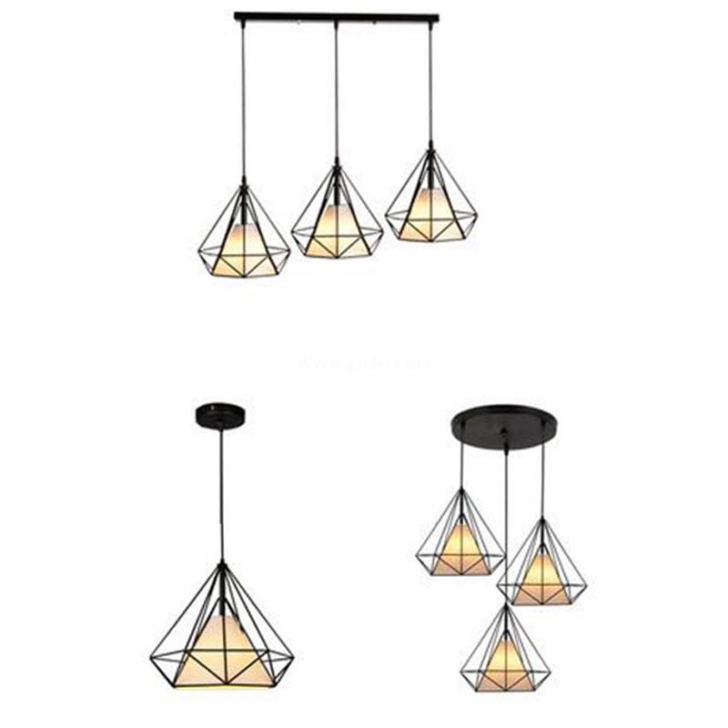 This single-lamp pendant light features a D25 diamond-shaped cage constructed from black powder-coated steel. Its open design allows for ambient light distribution, making it suitable for various commercial or hospitality settings. - view 2