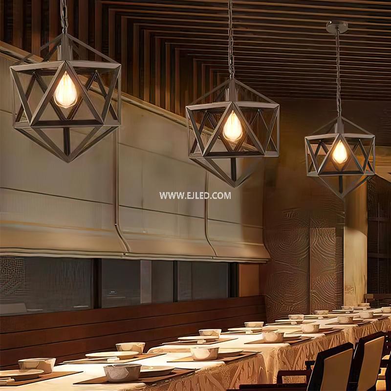 For industrial or modern settings, this iron pendant light features a robust black finish. Its bell-shaped open cage design allows for broad, ambient illumination, suitable for various interior designs. - view 6