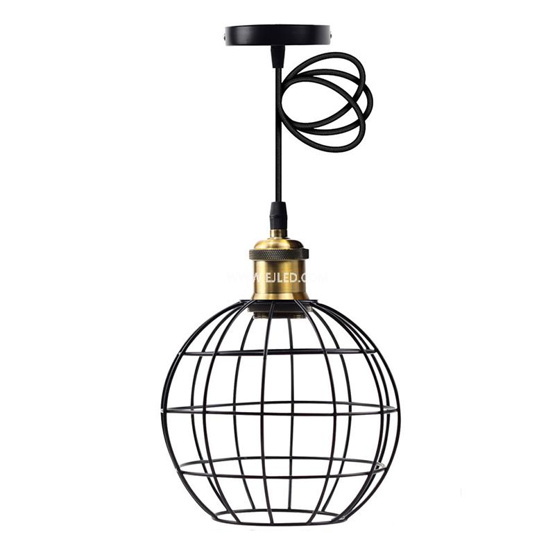 This IN0009 iron pendant light features a distinctive open spherical cage, constructed from black iron rods. It centrally houses a single E27 lamp holder, suspended by a black cable. - view 4