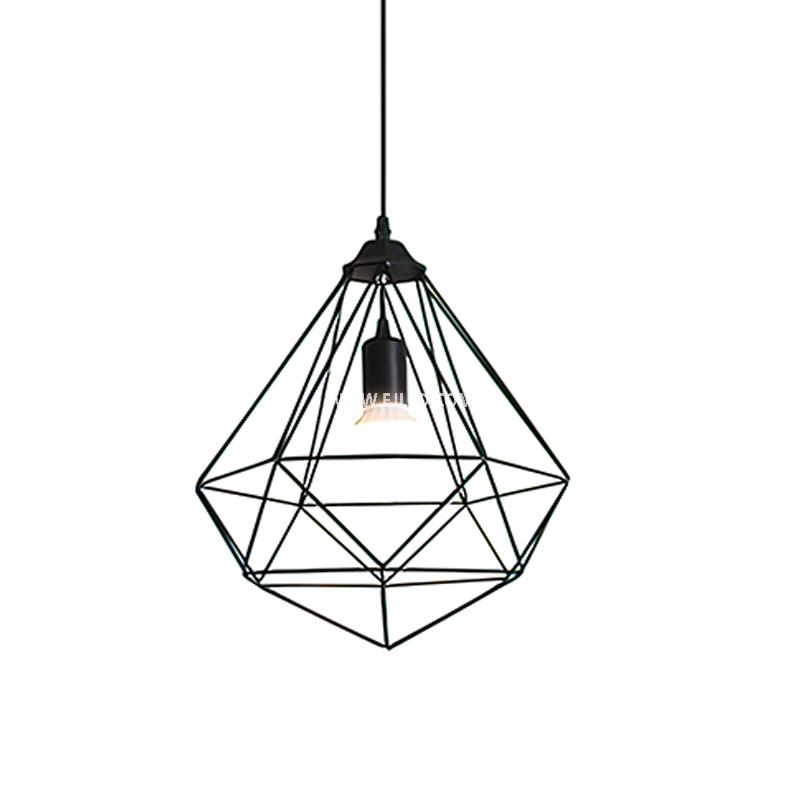 The IN0005 pendant light features an open geometric polygon wireframe, meticulously formed from matte black iron rods. It encloses a single E27 lamp holder, suspended by a black cable from a round ceiling plate.