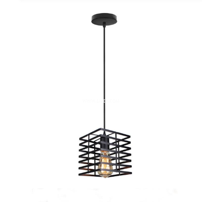 This square-shaped pendant light features an open wire cage in black, housing a single exposed lamp. Its compact proportions are well-suited for smaller rooms or installations in a series over kitchen islands or bars.