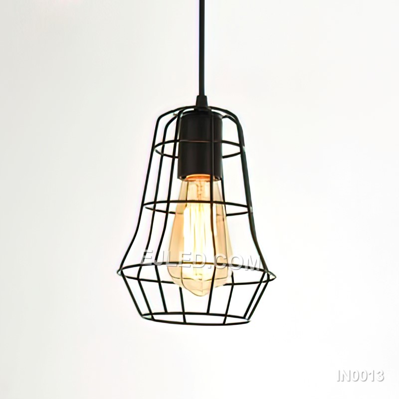The IN0013 pendant light is an iron bell-shaped cage with a matte black finish. Its open design showcases a single exposed lamp, offering versatile illumination for various hospitality spaces.