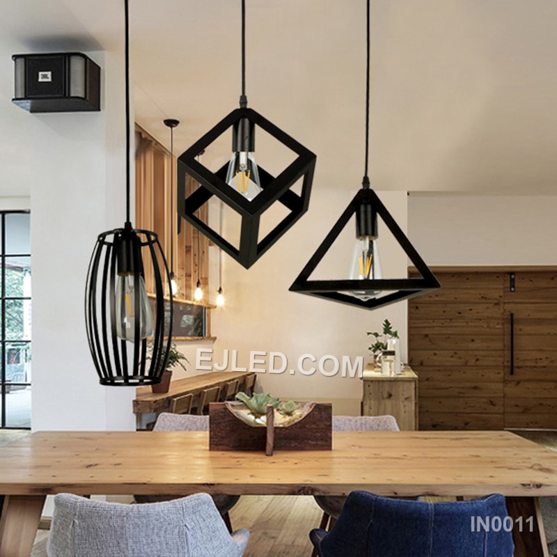 A distinctive pyramid-shaped pendant, the IN0011 features an open cage design with thin black plastic rods. It provides broad light dispersion from a single exposed lamp, suitable for modern or industrial interiors. - view 6